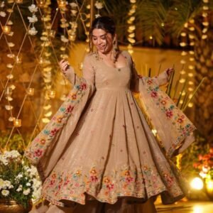 Royal Beige Embroidered Anarkali Gown in Soft Silk with Sharara