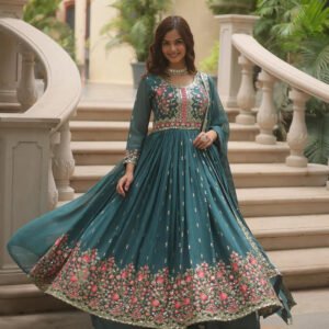 Designer Teal Green Embroidered Kurti Palazzo Ensemble