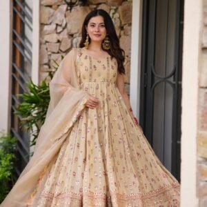 Festive Pastel Blossom Anarkali Ensemble in Faux Georgette