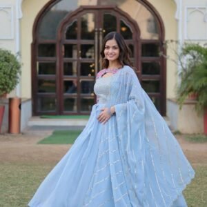 Chic Floral Faux Georgette Long Gown for Celebrations