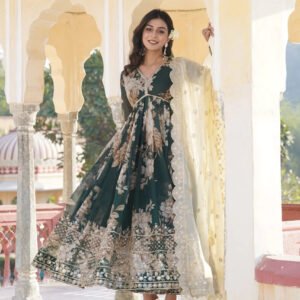 Designer Green Russian Silk Gown with Embroidered Dupatta